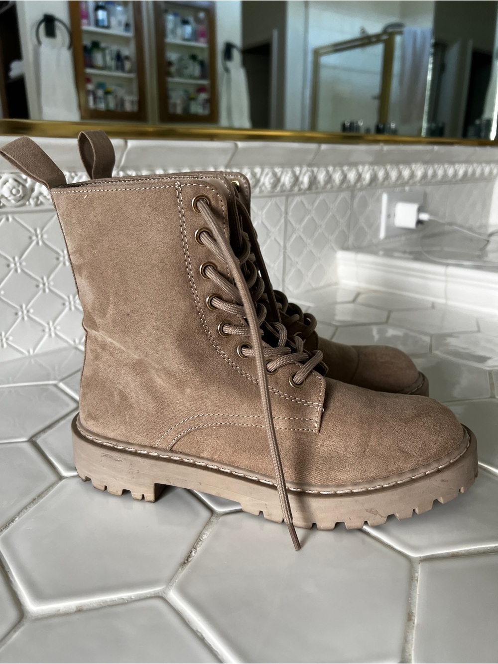 H&M Women's Taupe Lace-Up Suede Combat Boots with Gold Accents